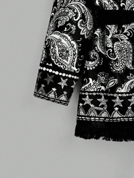 Oversized Woolen Coat with Flip Neck and Long Sleeve Belt Print- SIZE 0XL
