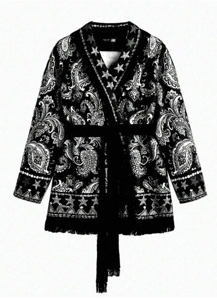 Oversized Woolen Coat with Flip Neck and Long Sleeve Belt Print- SIZE 0XL