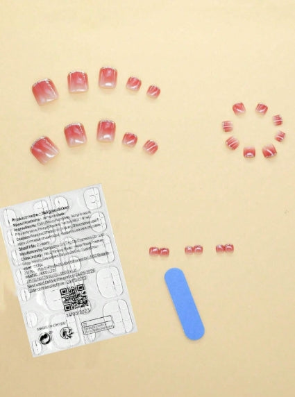 24pcs/box Red Artificial Nail Tips with Adhesive, Detachable Nail Stickers