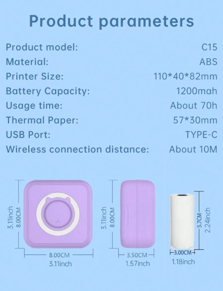 Portable Wireless Mini Printer Inkless with 10 pcs Roll of Adhesive Printing paper