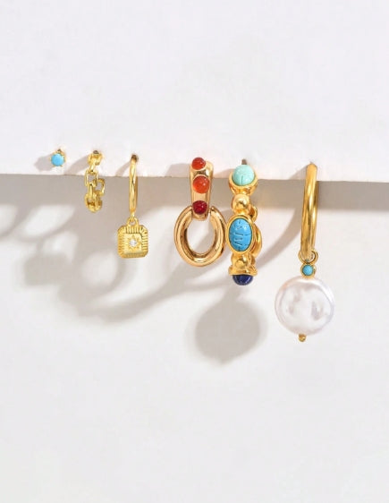 6pcs Set Asymmetrical Turquoise & Cubic Zirconia Earrings