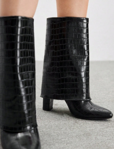 CUCCOO Mid-Leg Heel Black Leather Boots - Size 41