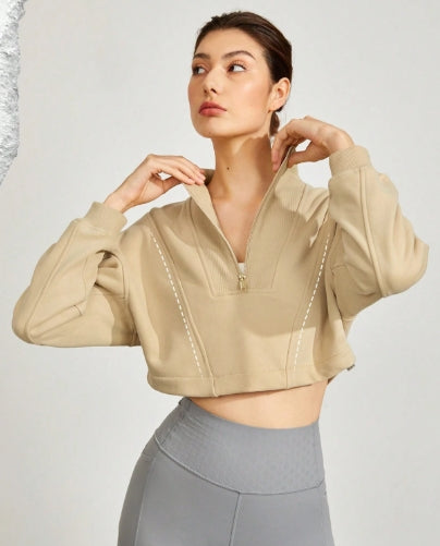 GLOWMODE Beige Cotton Crop Sweater with half zipper-SIZE XL