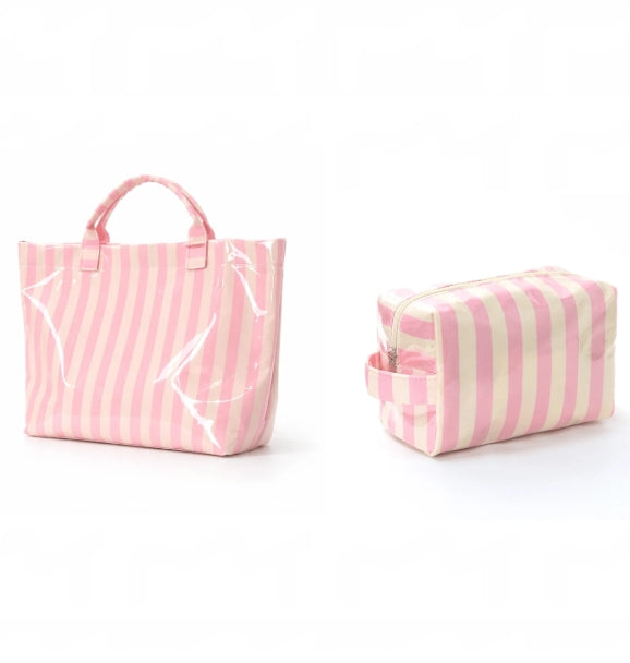 2pcs/Set Striped Tote & Cosmetic Bag Combo
