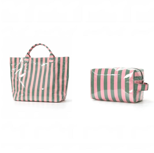 2pcs/Set Striped Tote & Cosmetic Bag Combo