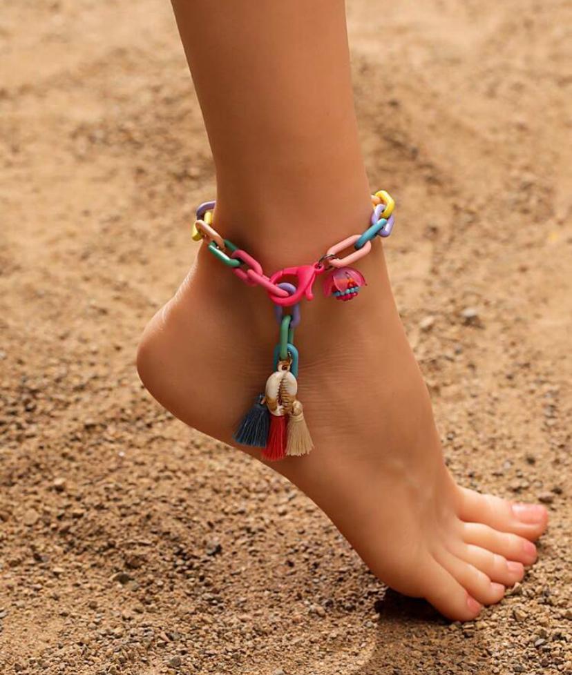 1pc Colorful Tassel & Flower Design Chain Anklet