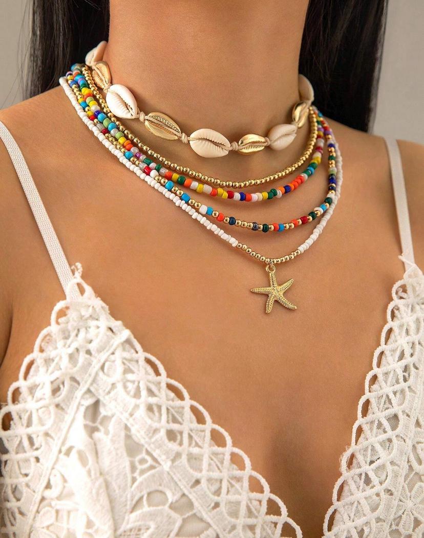 5pcs/Set Boho Beach Style Handmade Braided Beaded with Shell and Starfish Pendant Necklace.