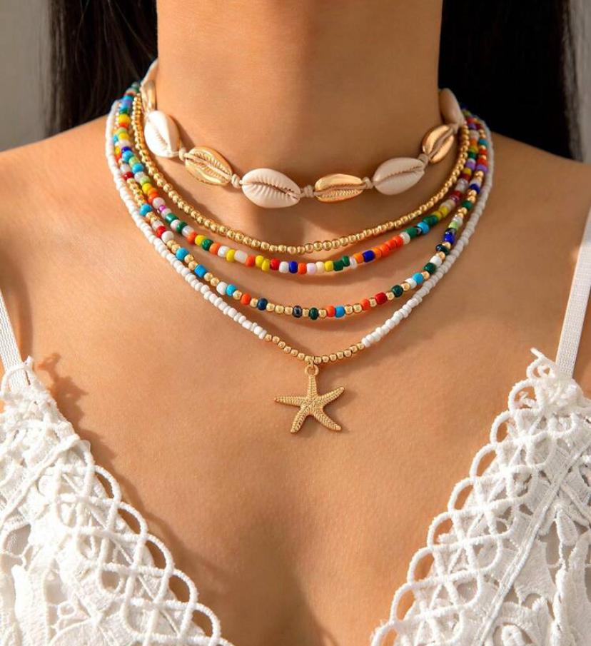 5pcs/Set Boho Beach Style Handmade Braided Beaded with Shell and Starfish Pendant Necklace.