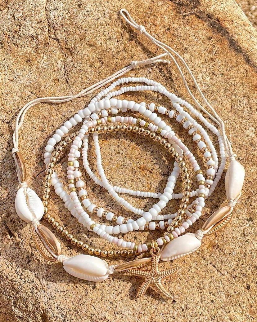 7pcs/set Simple Alloy Beaded Starfish Braided Shell Rope Anklets