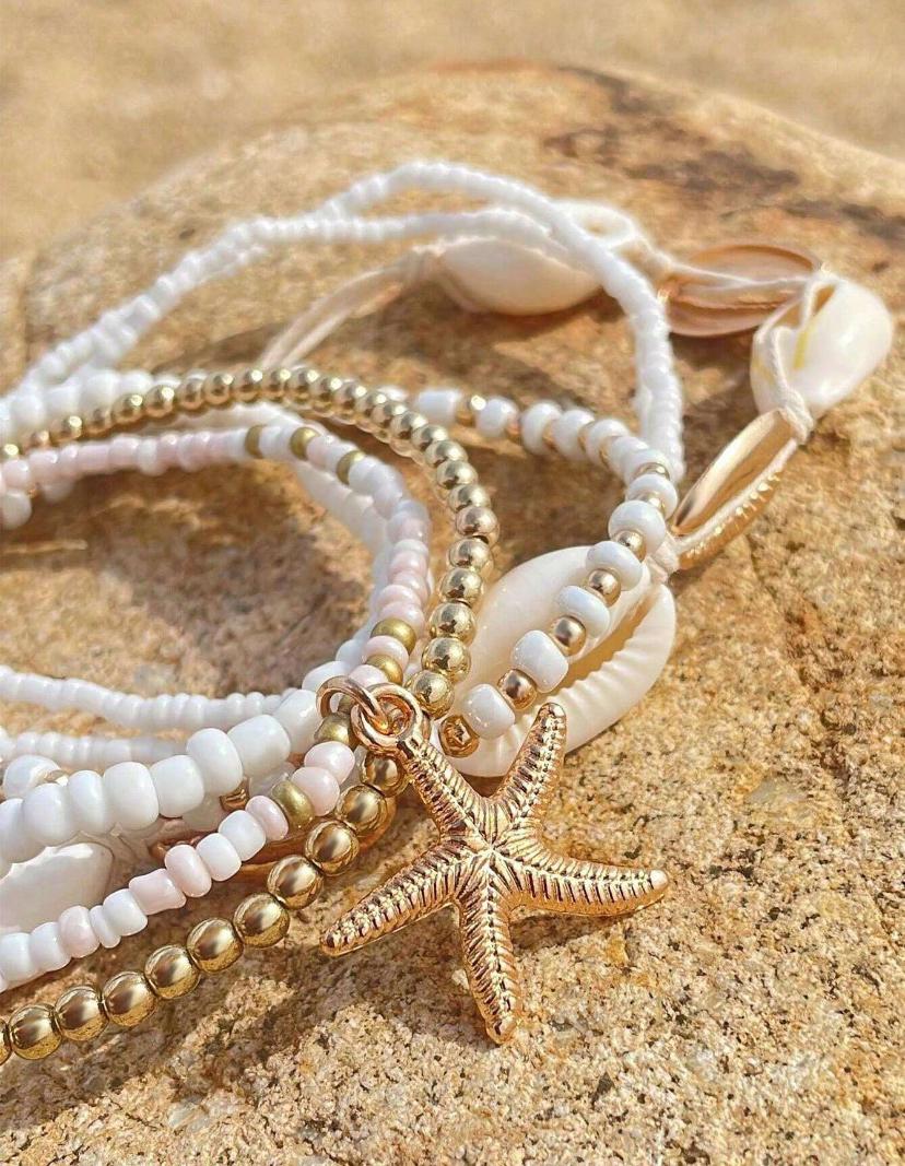 7pcs/set Simple Alloy Beaded Starfish Braided Shell Rope Anklets