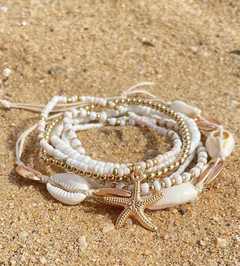 7pcs/set Simple Alloy Beaded Starfish Braided Shell Rope Anklets