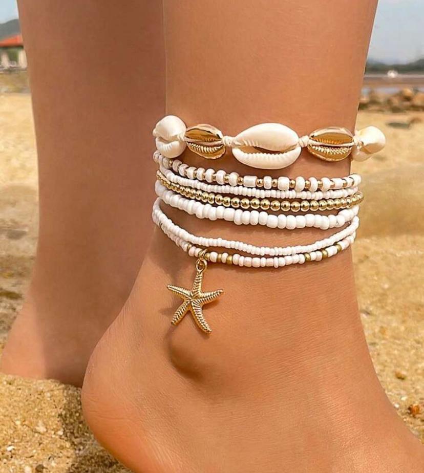 7pcs/set Simple Alloy Beaded Starfish Braided Shell Rope Anklets