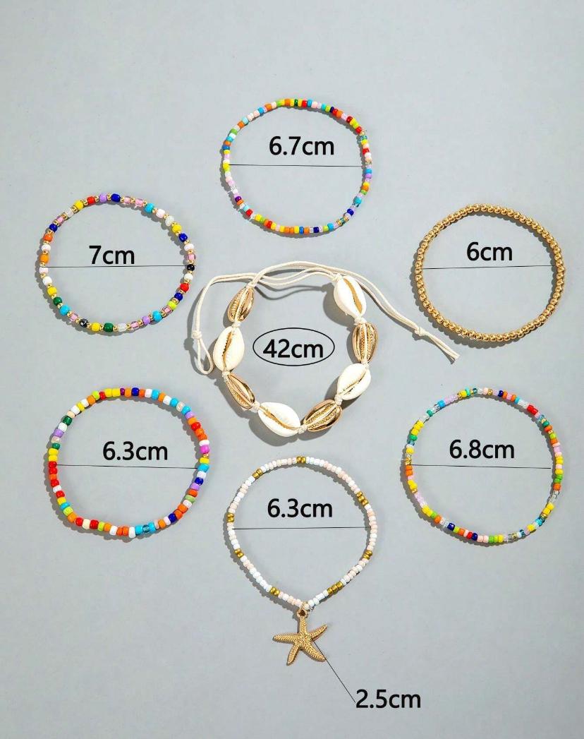 7pcs/set Simple Alloy Beaded Starfish Braided Shell Rope Anklets
