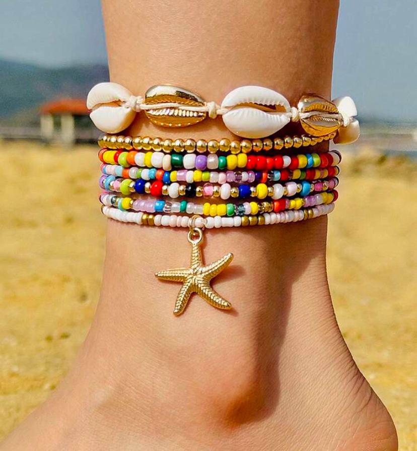 7pcs/set Simple Alloy Beaded Starfish Braided Shell Rope Anklets