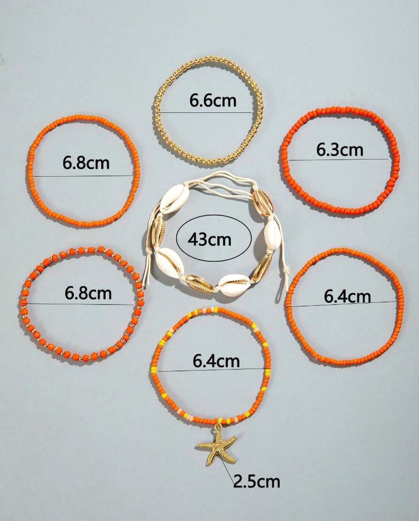 7pcs/set Simple Alloy Beaded Starfish Braided Shell Rope Anklets