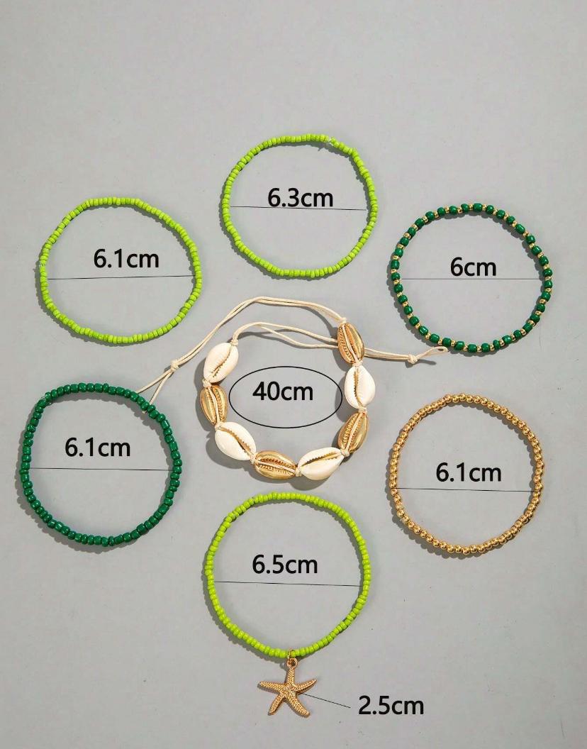 7pcs/set Simple Alloy Beaded Starfish Braided Shell Rope Anklets