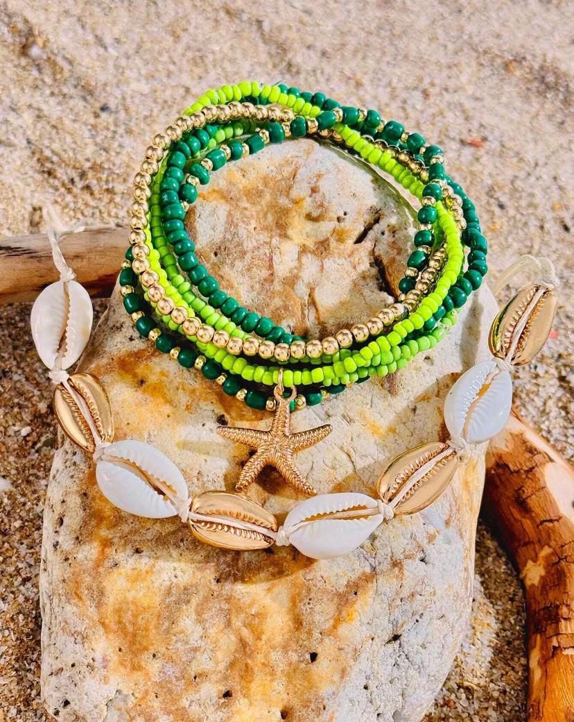 7pcs/set Simple Alloy Beaded Starfish Braided Shell Rope Anklets