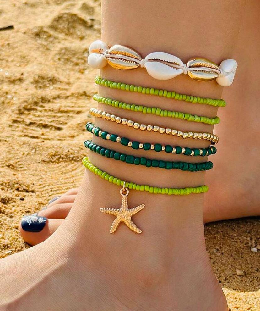7pcs/set Simple Alloy Beaded Starfish Braided Shell Rope Anklets