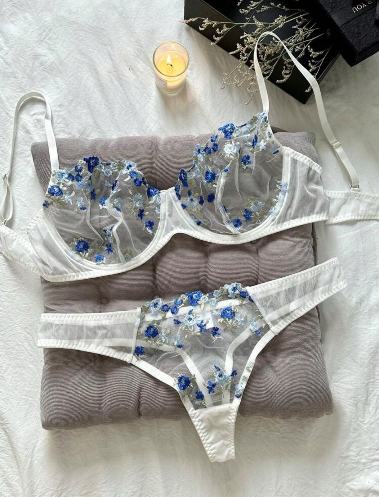 Plus Floral Embroidery Mesh Underwire Lingerie Set -- SIZE 1XL
