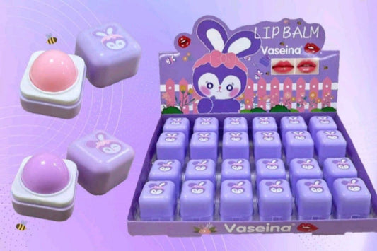 Vaseina lip balm display with cartoon character on a purple background