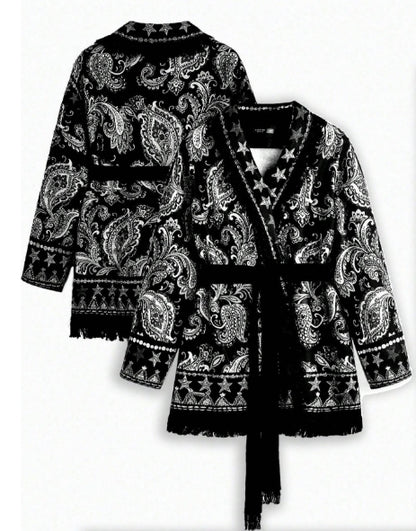 Oversized Woolen Coat with Flip Neck and Long Sleeve Belt Print- SIZE 0XL