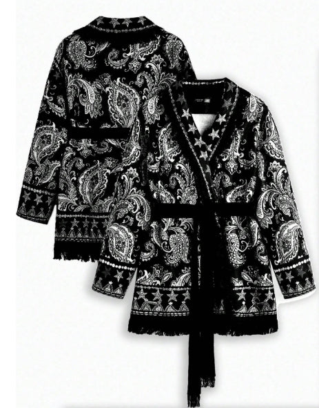 Oversized Woolen Coat with Flip Neck and Long Sleeve Belt Print- SIZE 0XL