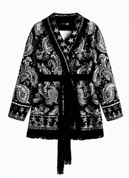 Oversized Woolen Coat with Flip Neck and Long Sleeve Belt Print- SIZE 0XL