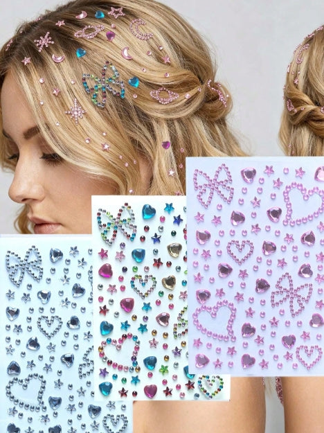 Random Mixed 3D Hair & Face Rhinestone Sticker Sheets