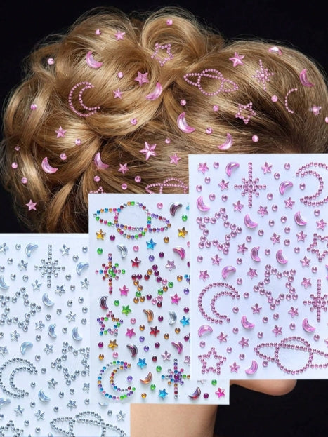 Random Mixed 3D Hair & Face Rhinestone Sticker Sheets