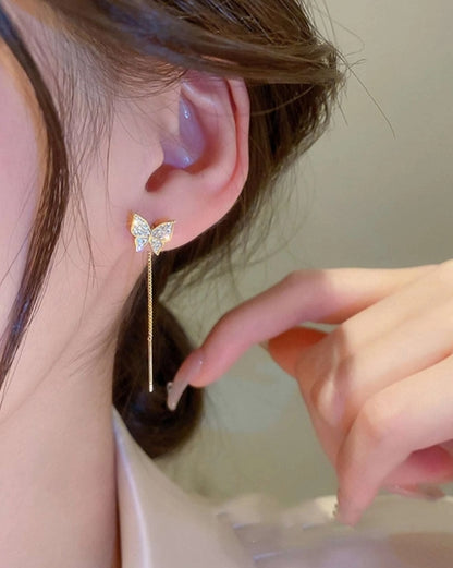Rhinestone Thread Earrings Butterfly Ornament