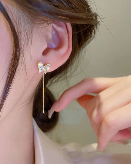 Rhinestone Thread Earrings Butterfly Ornament