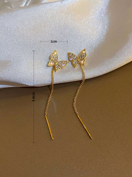 Rhinestone Thread Earrings Butterfly Ornament