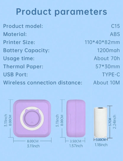 Portable Wireless Mini Printer Inkless with 10 pcs Roll of Adhesive Printing paper