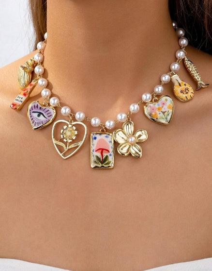 1pc Bohemian artificial pearl bead charms necklace