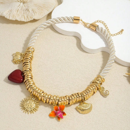 1pc Gold & Beige Necklace With Charms