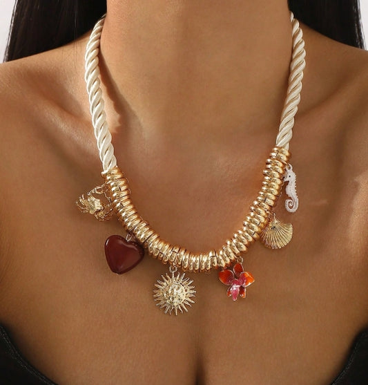 1pc Gold & Beige Necklace With Charms