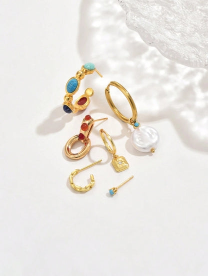 6pcs Set Asymmetrical Turquoise & Cubic Zirconia Earrings