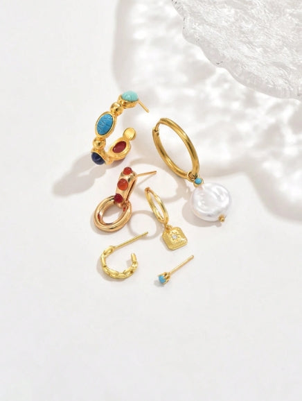 6pcs Set Asymmetrical Turquoise & Cubic Zirconia Earrings