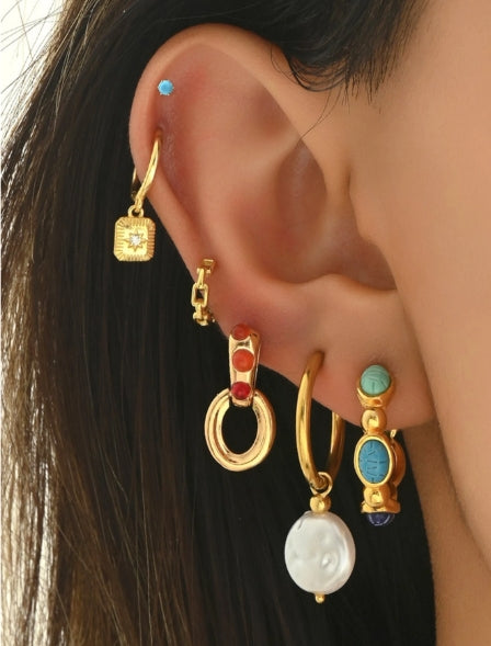 6pcs Set Asymmetrical Turquoise & Cubic Zirconia Earrings