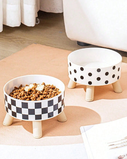 1pc Black & White Dot Round Pet Bowl With Adjustable Stand