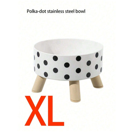 1pc Black & White Dot Round Pet Bowl With Adjustable Stand