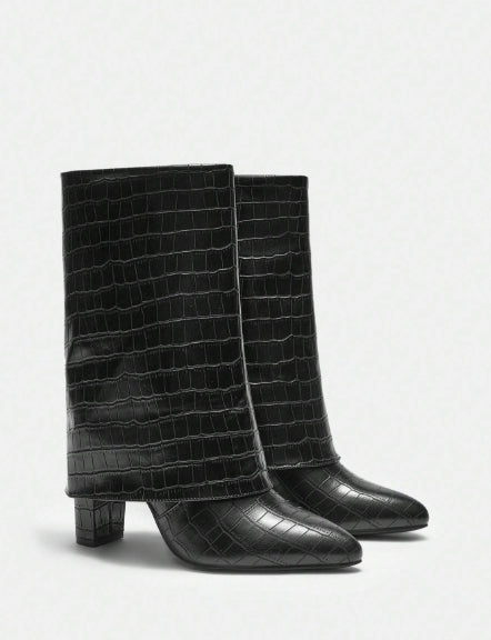 CUCCOO Mid-Leg Heel Black Leather Boots - Size 41