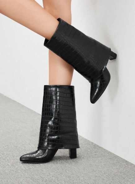 CUCCOO Mid-Leg Heel Black Leather Boots - Size 41