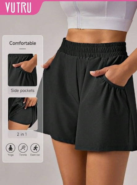 1pc VUTRU Elastic Waist Black Shorts with Pockets - Size L