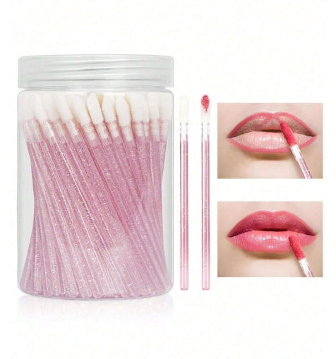 100pcs Crystal Powder Pink Disposable Lip Brushes + Bottle