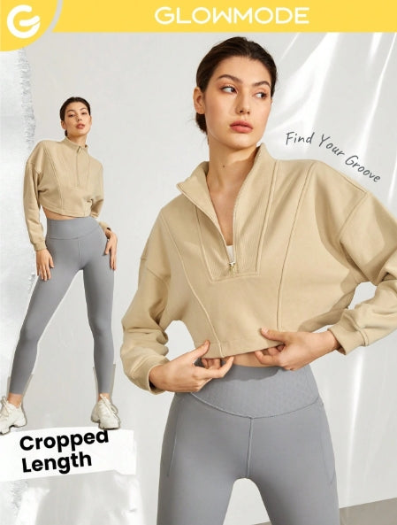GLOWMODE Beige Cotton Crop Sweater with half zipper-SIZE XL