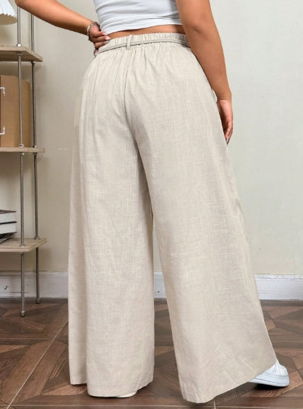 SHEIN EZwear Plus Size High Waist Casual Linen Palazzo Pants With Detachable Drawstring Belt - SIZE 0XL