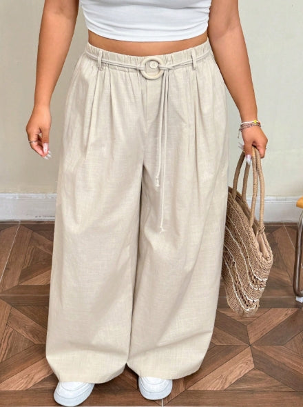 SHEIN EZwear Plus Size High Waist Casual Linen Palazzo Pants With Detachable Drawstring Belt - SIZE 0XL