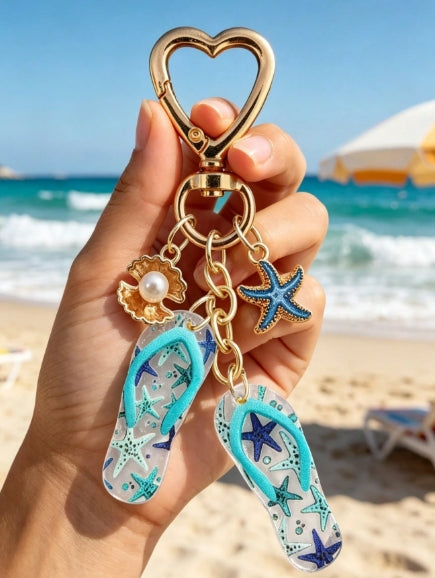 Blue Starfish and Flip Flop Pendant Keychain
