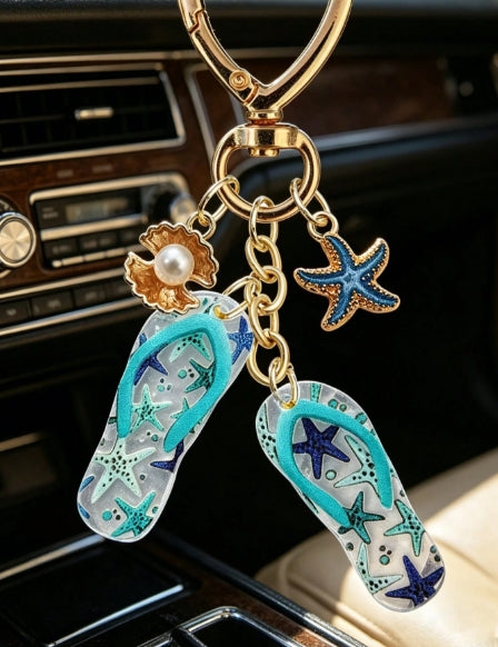 Blue Starfish and Flip Flop Pendant Keychain